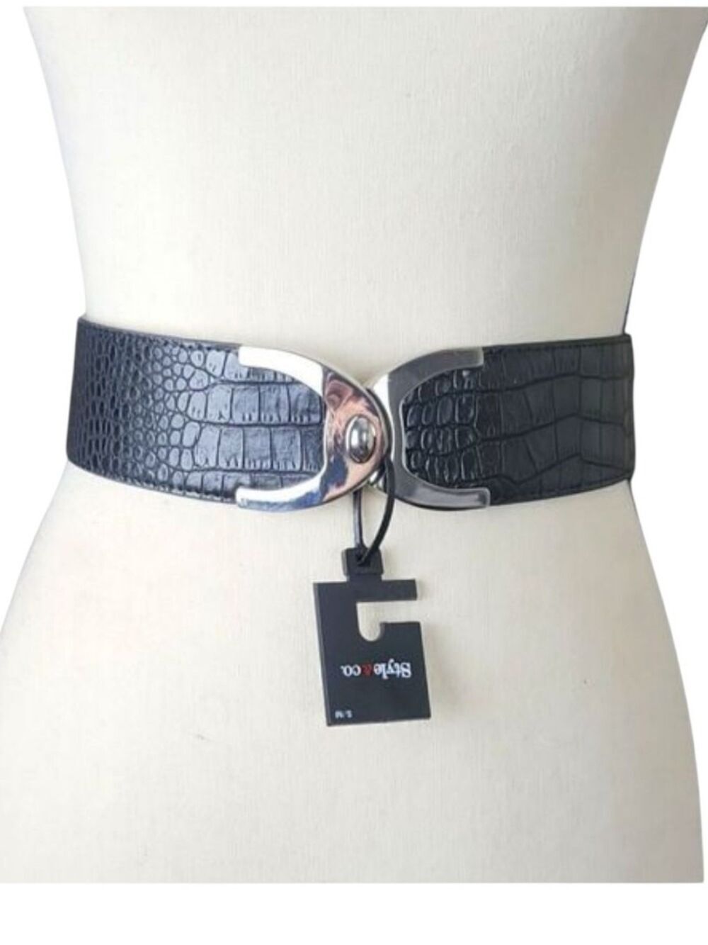 Style & Co Black Croc Embossed Stretch Belt NWT S/M Faux Leather Wide Waist Belt
